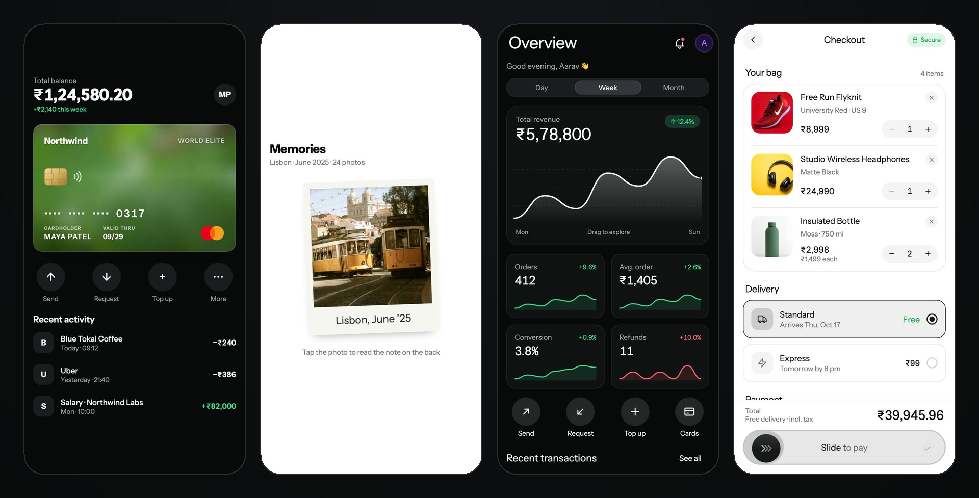 ExpoKit on iPhone in dark and light mode: payment card, flip card, dashboard block and checkout block