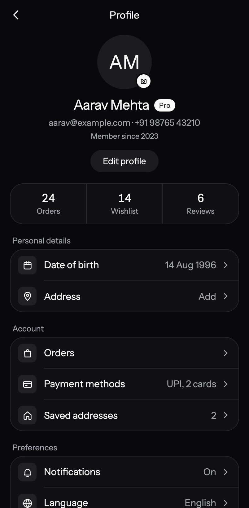 Profile screen